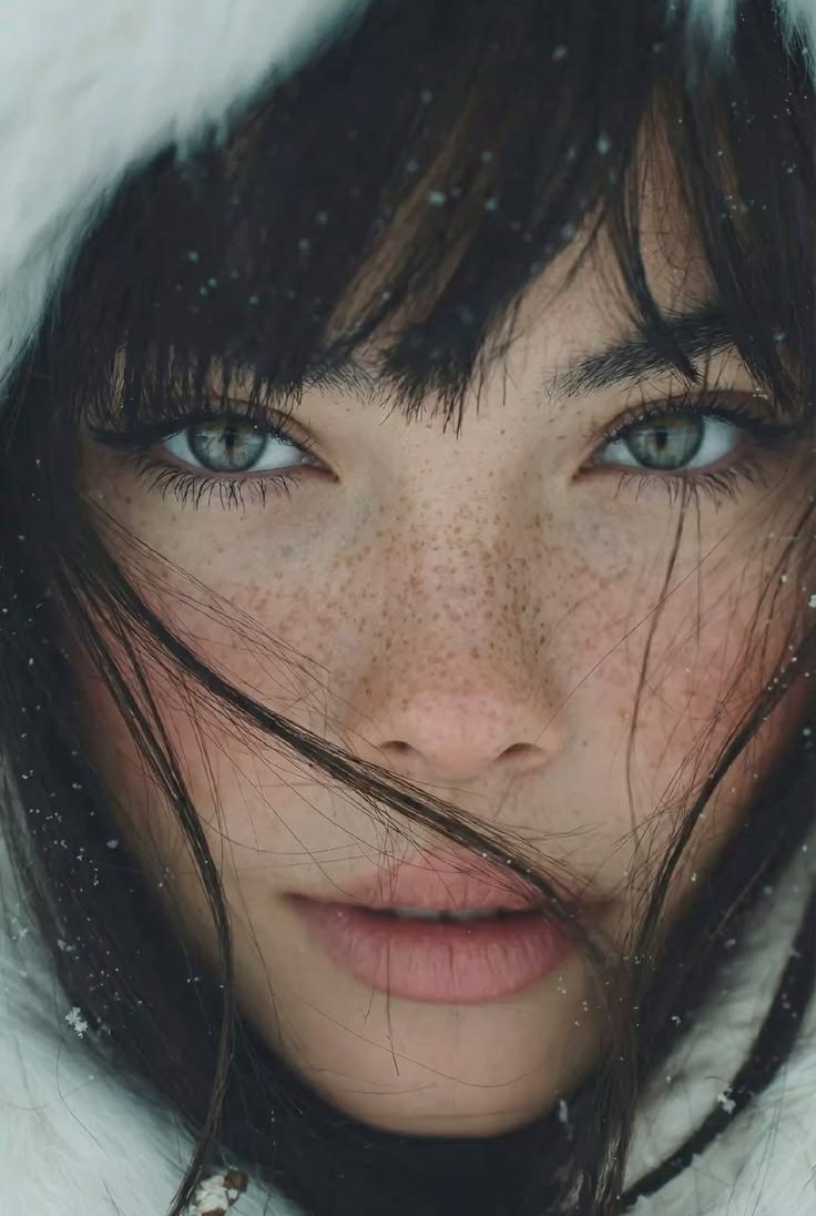 Freckles, deep eyes and cold atmosphere create a cinematic mood_